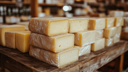 Stacked blocks of cheese at a rustic market.