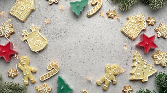 Christmas cookies forming a circle around copy space