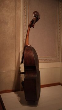 A detailed side view of an antique stringed instrument, emphasizing its historic elegance, refined craftsmanship, and timeless allure. Presented in vertical video format for a closer appreciation of i