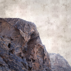 textured stylish old paper background, square, with landscape of Gran Canaria, around the Dog of Bentayga rock formation 
