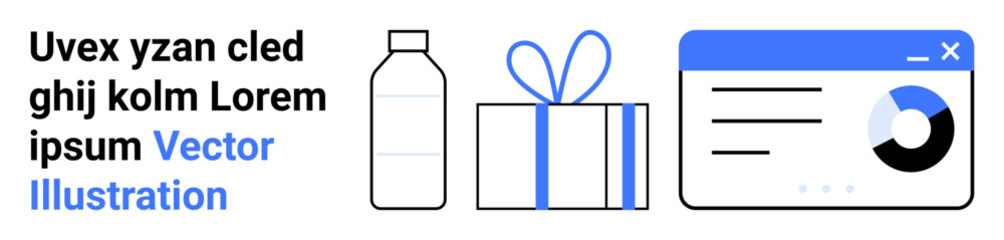 Bottle next to wrapped gift box and webpage with pie chart graphic, text above. Ideal for e-commerce, advertising, product promotion, data visualization, corporate gifting, marketing materials