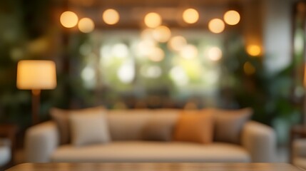 Blurred Living Room with Sofa, Pillows, and Warm Lighting, Cozy Home Interior Background