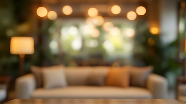 Blurred Living Room with Sofa, Pillows, and Warm Lighting, Cozy Home Interior Background