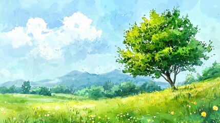 Obraz premium Watercolor Painting of a Solitary Tree in a Green Meadow with Mountains in the Background