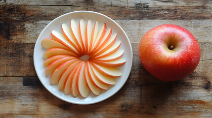 A whole red apple and a plate of thinly sliced apple arranged in a circular pattern on a rustic wooden background.  Healthy snack, fruit, food photography.