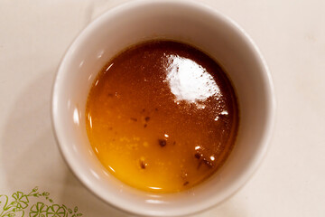 High-angle view of the steamed egg custard with sauce
