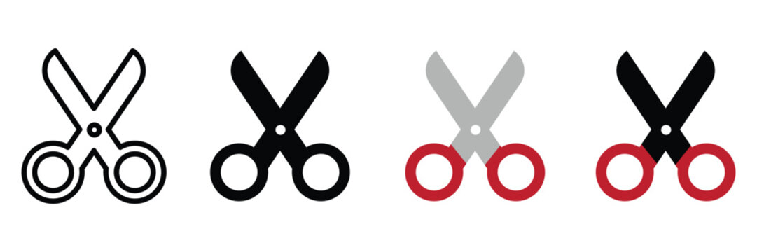 Open scissors icon set. Red scissors symbol. Black filled cut tool sign. Cut symbol. Paper clippers Shears sign. Hairdresser pictogram vector illustration.
