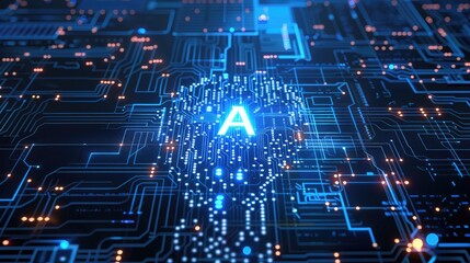 Obraz premium A digital representation of circuitry with a glowing letter 'A' at its center.