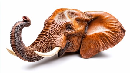 Obraz premium Detailed carved elephant head, trunk raised, isolated on white.