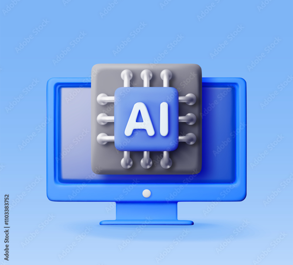 Poster 3d ai chip in computer. render artificial intelligence mobile computer chip set icon. ai processor i