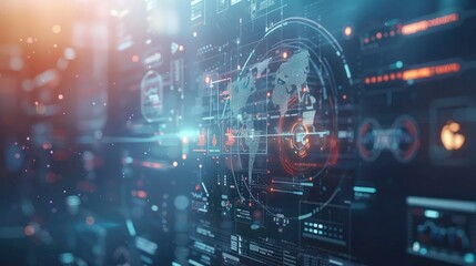 Obraz premium A futuristic digital interface displaying global data and analytics.