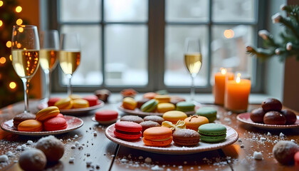 Cozy New Year's Eve Dessert Setup with Macarons