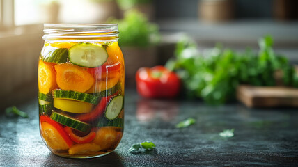 Colorful pickled vegetables in a glass jar on a table.