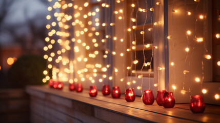 festive lights decoration on house entrance with bokeh effect during the evening celebration blurred background