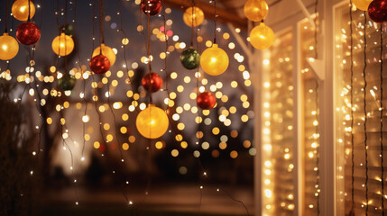 festive lights decoration on house entrance with bokeh effect during the evening celebration blurred background