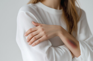 A woman with a bruise on her arm.