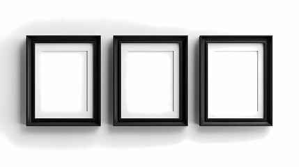 Black rectangular frames aligned in a row on a white wall, perfect for displaying artwork or photographs in a minimalist and modern interior setting.