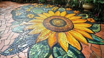 Colorful mosaic sunflower design on a paved surface.