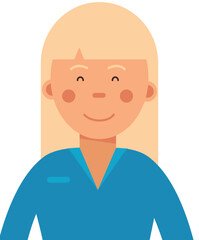 A woman with blonde hair and a blue shirt is smiling