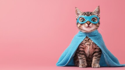 Fototapeta premium superhero, scotch whiskey with a blue cloak and mask. The concept of a superhero, super cat, leader. On a pink background. 