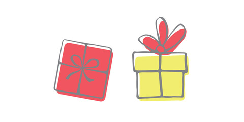 Set of vector yellow red gift boxes in flat doodle style. Holiday Christmas birthday party present surprise