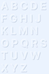 26 uppercase letters of English alphabet in light blue color that drop a shadow