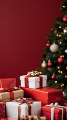 Beautifully wrapped Christmas presents in red, white, and gold with bows, set beside a festive tree with glowing lights.