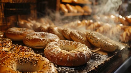 The smell of warm bread and freshly baked bagels wafts through the cooking area