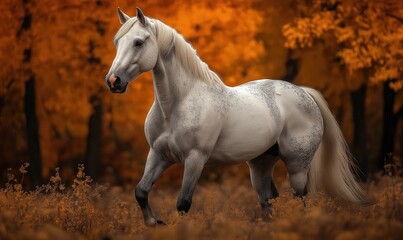 An elegant horse stands against an autumn forest backdrop.