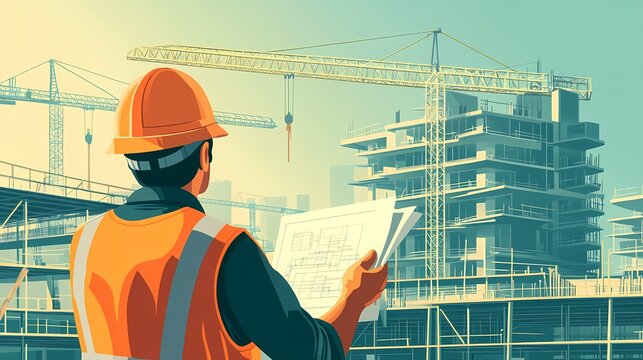 Construction Worker Analyzing Blueprint at Construction Site under Crane with Modern Buildings and Equipment in Background During Daytime