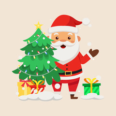 Vector illustration of Santa Claus, Christmas tree, gift boxes in flat style, isolated for holiday designs banner, cover, advertisement, greeting card. Concept of Christmas and Happy New Year
