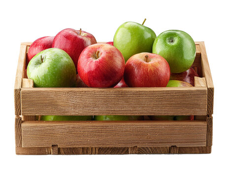 Wooden box with red and green apples, isolated on transparent background, cut out, banner