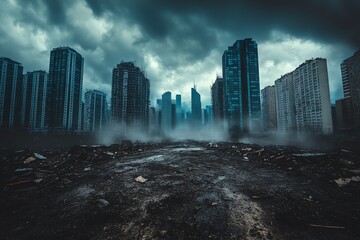 Apocalyptic cityscape shrouded in fog and debris. Dark, ominous, and post-apocalyptic scene. Ideal for dystopian, climate change, or disaster themes.