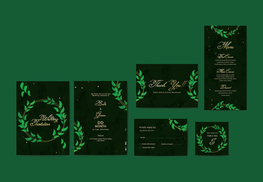 Fully Editable Wedding Stationery Set with Green Leafs Illustrations. 