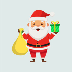 Flat vector design illustration in children's style. Cute Santa Claus holding a sack with gifts. Holiday illustration on white background