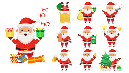 Santa Claus collection. Christmas cute character set. Faces and full body. Various view, Different emotion, Xmas red clothes, Animation, Pose, Gesture. Design style isolated vector flat illustration.