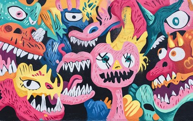 Frontal view of vibrant street art, depicting dystopian celebrations with surreal characters and twisted joy, vivid colors