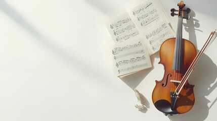 Naklejka premium Elegant Violin Resting on a Minimalist Surface Next to Sheet Music, Perfect for Music Lovers and Art Enthusiasts Capturing the Beauty of Classical Instruments