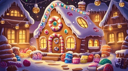 Naklejka premium Cozy Gingerbread House Surrounded by Colorful Candies and Snowflakes, with Warm Golden Lights in a Whimsical Winter Wonderland