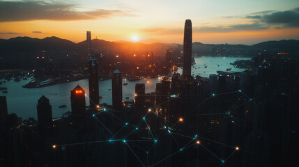 Smart digital city with connection cyber security network reciprocity over the cityscape . future smart wireless digital city and social media networking systems that connects people within the city