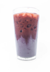 Iced chocolate in clear glass isolated on white background, copy space blank space