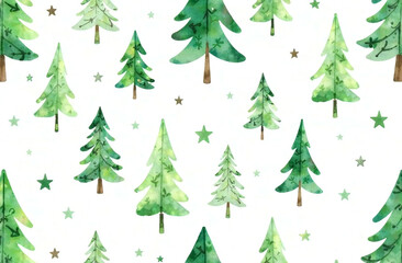 Obraz premium Watercolor Christmas seamless pattern with fir trees and stars. Hand painted illustration.