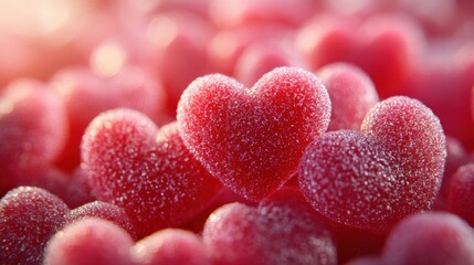 Colorful and Shiny Red Heart-shaped Gummies on a Soft Blurred Background, Perfect for Celebrations, Love, Candy, and Sweet Treats, Ideal for Valentine's Day and Festive Occasions