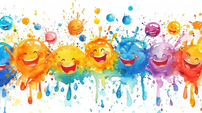 Vibrant Songkran watercolor with smiling faces and playful water splashes