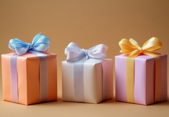 Obraz premium Colorful Gift Boxes Decorated with Ribbons on a Soft Background – Perfect for Celebrations, Birthdays, and Special Occasions