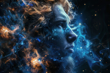 Leo predator with mane, man face symbol of constellation of zodiac horoscope of east, blue fiery neon background.