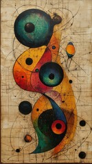 Abstract painting, swirling colors, textured circles.