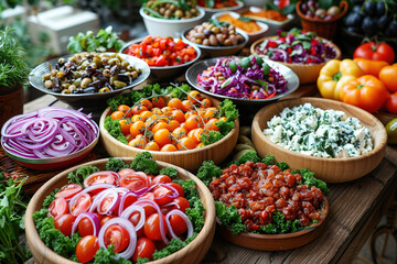 Fototapeta premium Colorful selection of Mediterranean dishes with fresh vegetables and herbs at a lively market