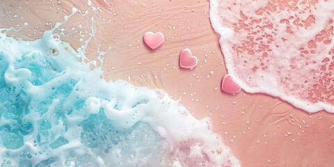 Fototapeta premium Abstract background with heart symbols and beach with sea foam, blue and pink tones.
