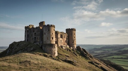 Here's a caption and keywords for your image.. Ruins of a medieval castle atop a hill, overlooking a verdant valley under a partly cloudy sky.